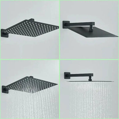 Modern matte black rainfall shower with slider bar featuring a black rainfall showerhead with multiple spray patterns