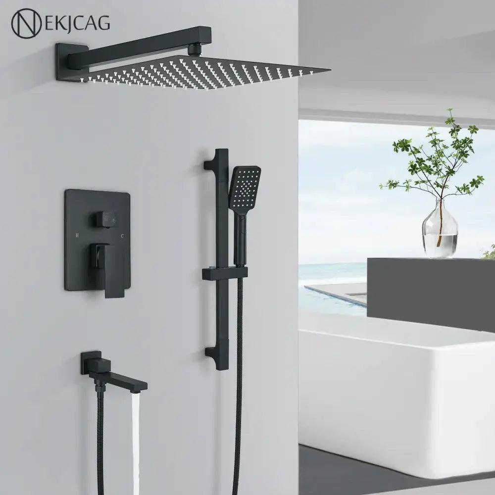 Modern matte black rainfall shower with slider bar featuring a rectangular rain shower head and handheld showerhead black rainfall shower