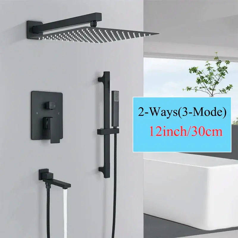 Black rainfall shower with matte finish square rain shower head and integrated wall mount in decorbites bathroom set