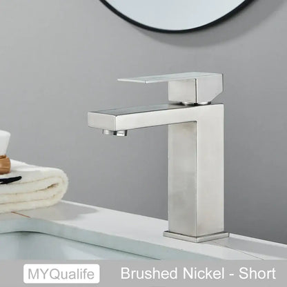 Modern matte black rectangular basin faucet mixer with a brushed nickel short bathroom faucet and flat spout design