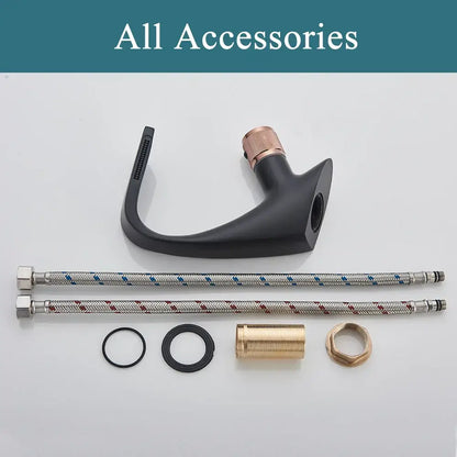 Modern matte black and rose gold brass basin faucet with curved spout design decorbites black brass basin faucet