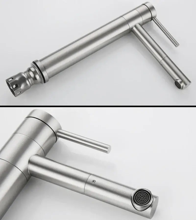 Modern brushed stainless steel basin faucet with dual handles and sleek minimalist design for rotating basin use
