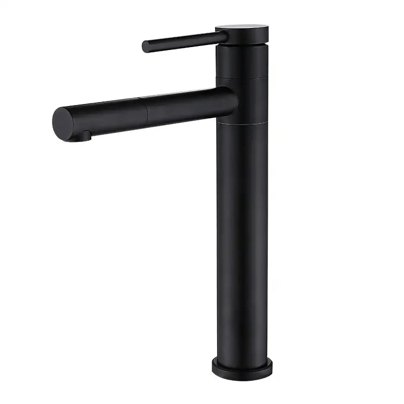 Modern matte black rotating basin faucet with sleek cylindrical design and single horizontal handle tap for bathroom use