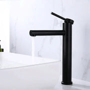 Modern matte black rotating basin faucet with sleek cylindrical design and single lever handle for bathroom use