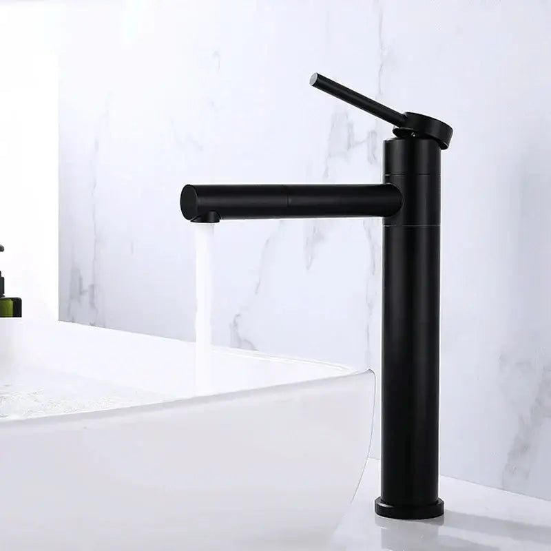 Modern matte black rotating basin faucet with sleek cylindrical design and single lever handle for bathroom use
