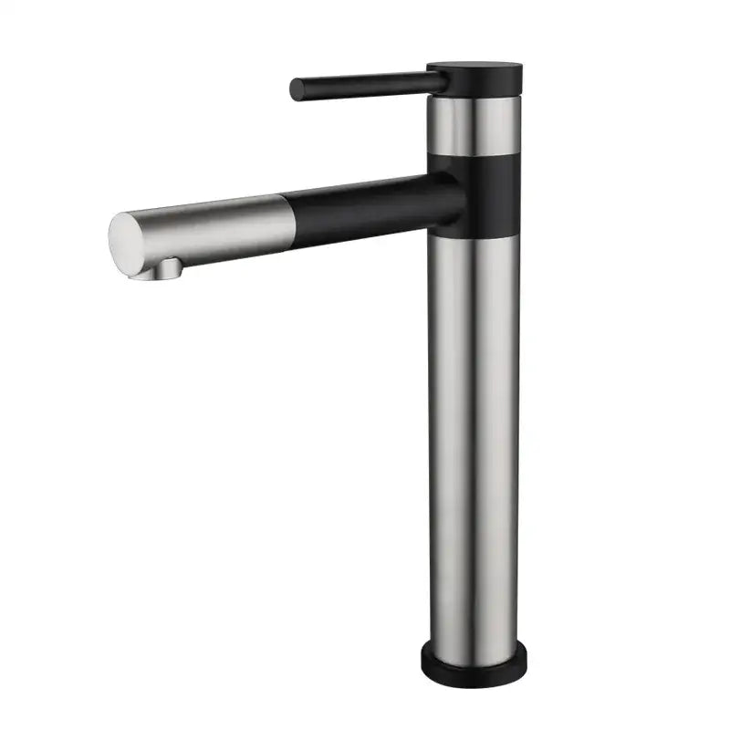 Modern matte black rotating basin faucet with sleek stainless steel body and black accents on handle spout collar and base