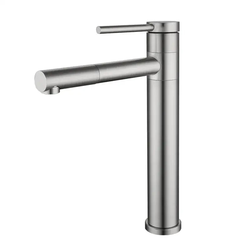 Modern brushed stainless steel single-handle tall rotating basin faucet with sleek cylindrical design for bathroom use