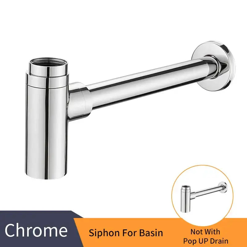 Modern matte black round bottle trap with chrome finished siphon drain for basin featuring polished metal construction