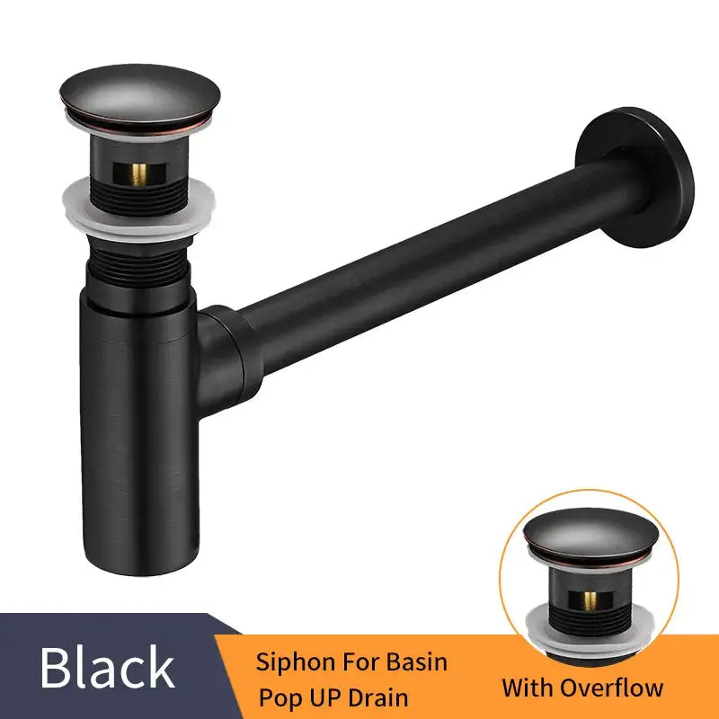 Modern matte black round bottle trap with pop up drain and overflow feature for basin siphon drain use