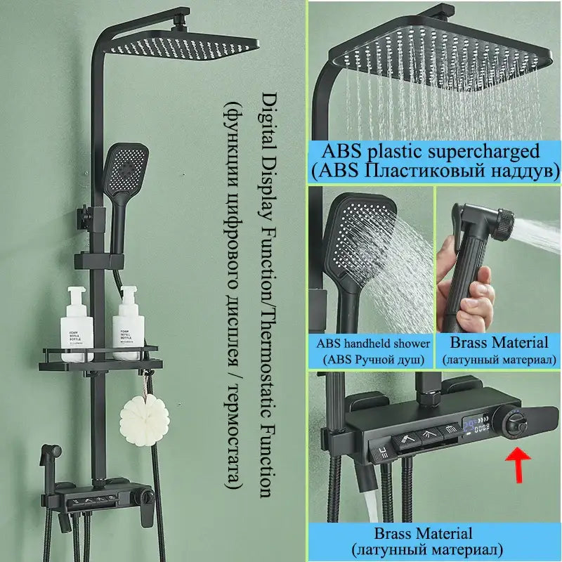 Modern matte black abs plastic and brass shower faucet set with square rainhead handheld shower and digital display control panel