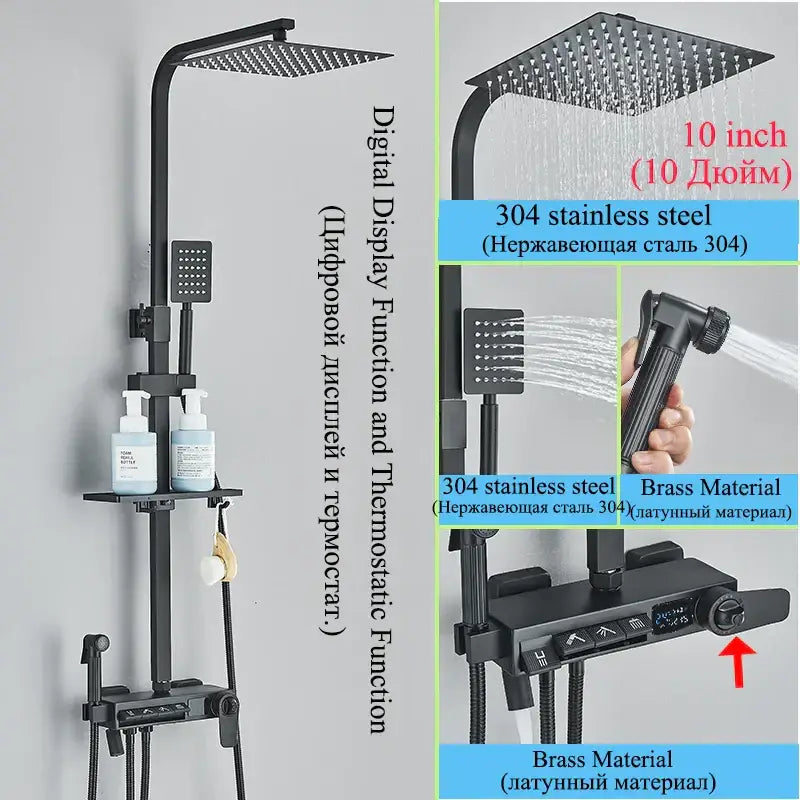 Modern matte black shower faucet set with black 304 stainless steel and brass, square rainhead, handheld sprayer, and digital control panel
