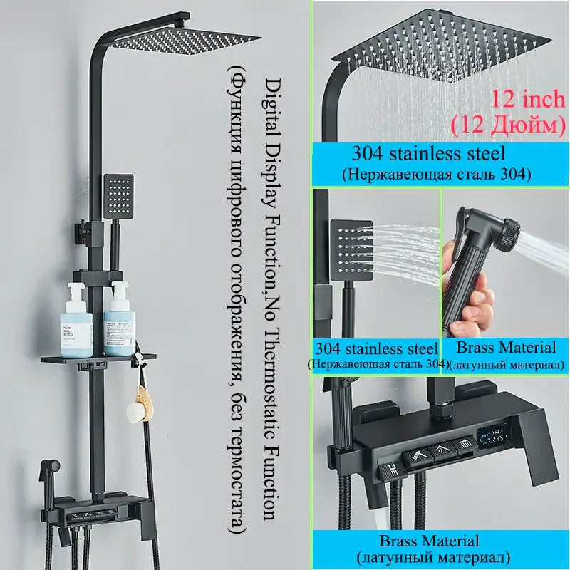 Modern matte black shower faucet set with black 304 stainless steel rainhead, brass handheld sprayer, and digital control panel