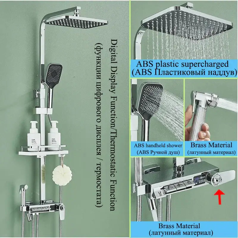 Modern matte black shower faucet set with chrome brass digital rainfall column and square rainhead handheld shower faucet set