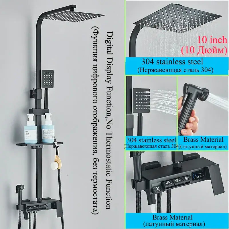 Modern matte black shower faucet set with black 304 stainless steel, brass, square rainhead, handheld sprayer, and digital control panel