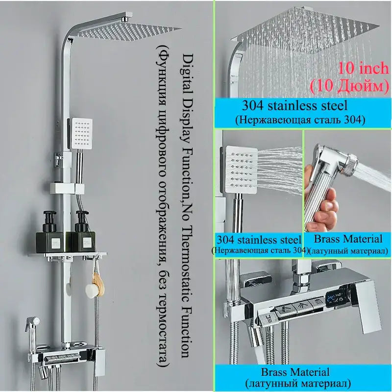 Modern chrome shower faucet set with 10-inch square rainhead, handheld spray, and stainless steel control panel