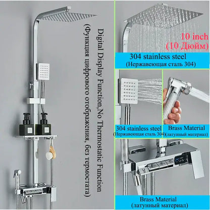 Modern chrome shower faucet set with 10-inch square rainhead, handheld spray, and stainless steel control panel