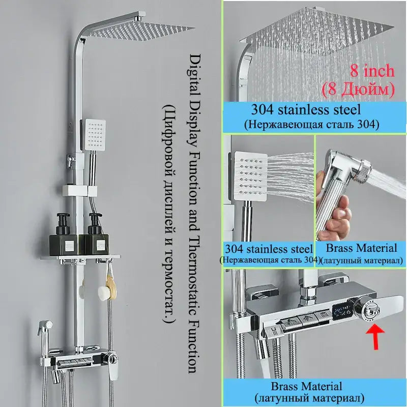 Modern chrome finished 304 stainless steel and brass shower faucet set with square rainhead handheld spray and digital control panel