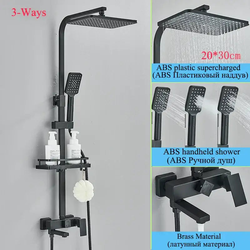 Modern matte black shower faucet set with abs plastic and brass materials includes square rainhead and handheld shower