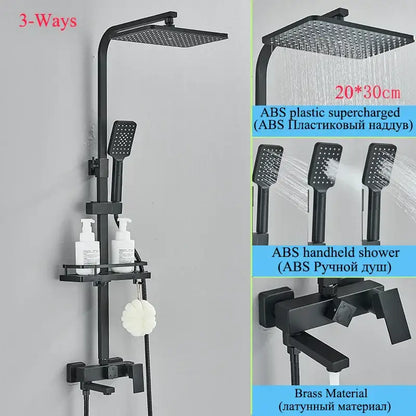 Modern matte black shower faucet set with abs plastic and brass materials includes square rainhead and handheld shower