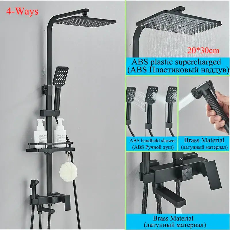 Modern matte black shower faucet set with black abs plastic and brass rainhead handheld and detachable spray nozzle