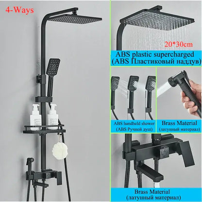 Modern matte black shower faucet set with black abs plastic and brass rainhead handheld and detachable spray nozzle