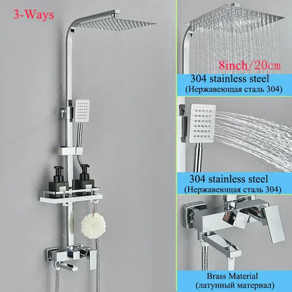 Modern matte black shower faucet set with chrome 3-way system, square rainhead, handheld nozzle, and 304 stainless steel faucet set