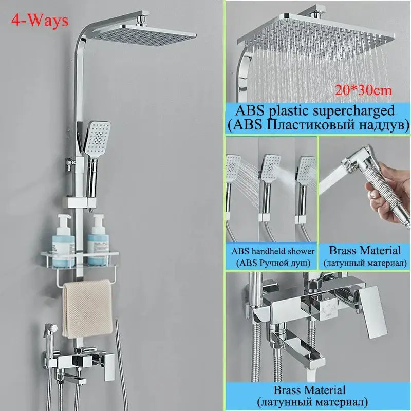 Modern matte black shower faucet set featuring chrome finished 4-way system with square rainhead and handheld shower