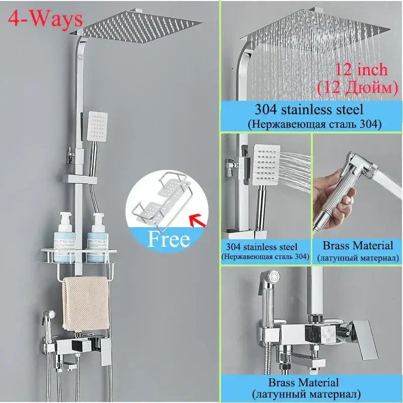 Modern matte black shower faucet set with chrome finished 304 stainless steel and brass rain shower system
