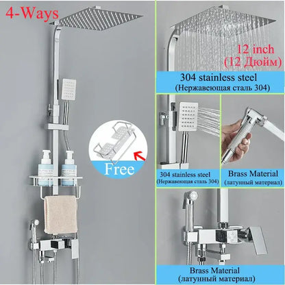 Modern matte black shower faucet set with chrome finished 304 stainless steel and brass rain shower system