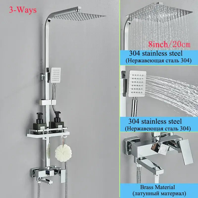 Modern matte black shower faucet set with chrome finished 3-way system including square rainhead and stainless steel faucet set