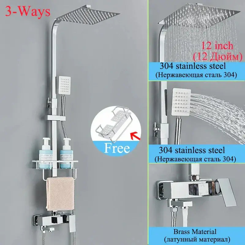 Modern chrome-finished 3-way shower faucet set with square rainhead handheld spray and integrated shelf bathroom system