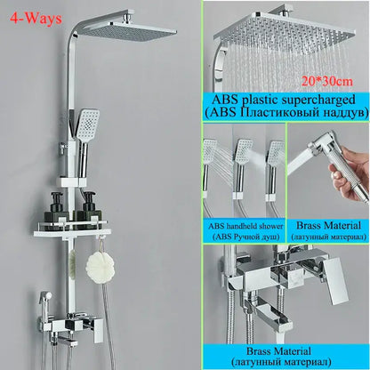 Modern matte black shower faucet set with chrome finished 4-way system, square rainhead, handheld spray, and brass valve