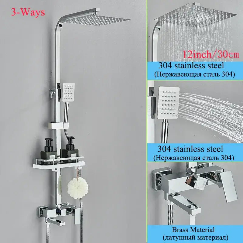 Chrome finished 3-way shower faucet set with square rainhead handheld spray and brass faucet assembly for bathroom use