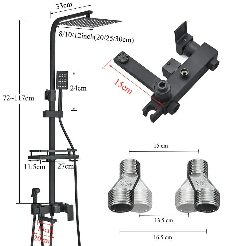 Modern matte black shower faucet set featuring a black matte finish rectangular rainhead handheld showerhead and mounting bracket