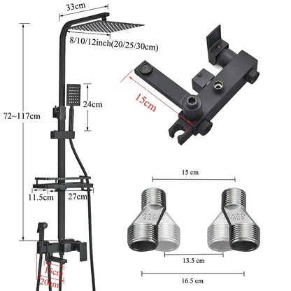 Modern matte black shower faucet set featuring a black matte finish rectangular rainhead handheld showerhead and mounting bracket