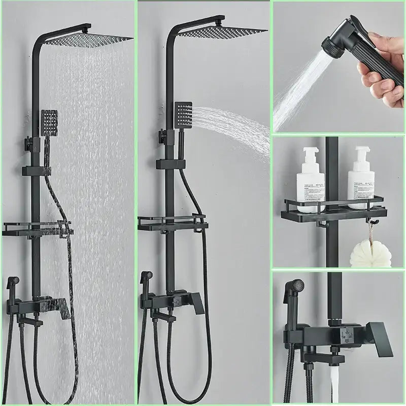 Modern matte black shower faucet set with square rainhead handheld sprayer and integrated shelf in bathroom
