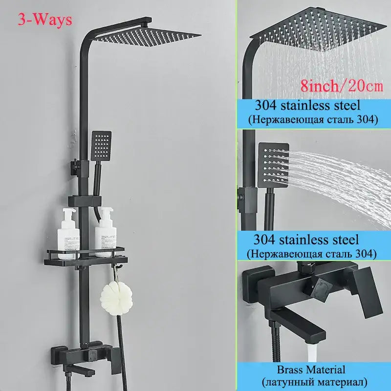 Modern matte black shower faucet set with square rainhead handheld spray 3-way design in stainless steel and brass