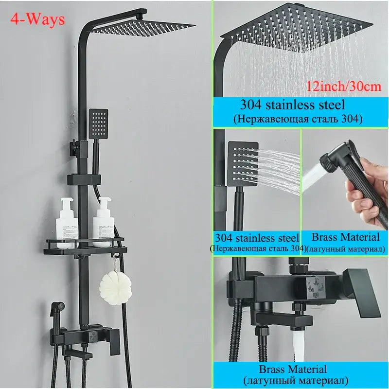 Modern matte black shower faucet set with black matte 304 stainless steel and brass rain shower system with shelf