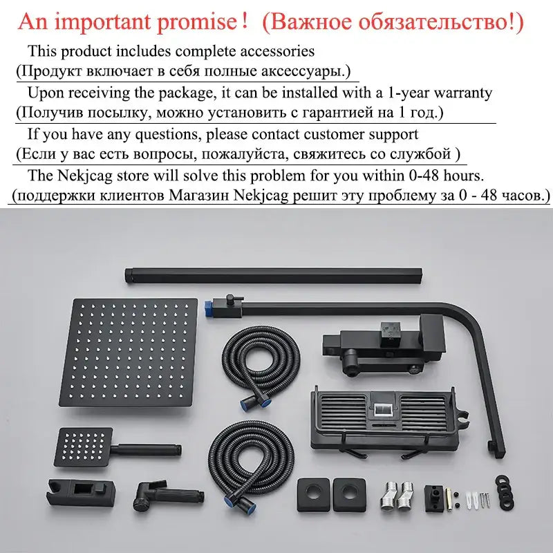 Modern matte black shower faucet set with black matte finish, square rainhead, handheld nozzle, and curved arm design