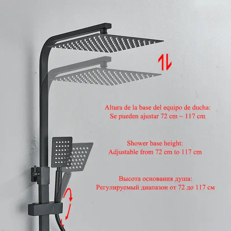 Modern matte black shower faucet set with black matte finish, large rectangular rainhead, and adjustable handheld showerhead