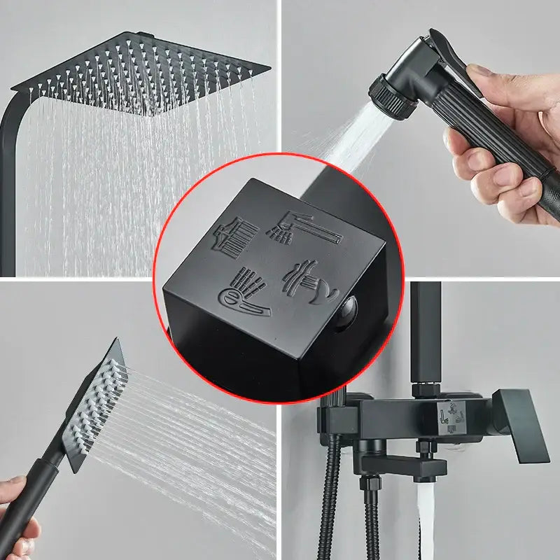 Modern matte black shower faucet set with square rainhead, handheld spray nozzle, and engraved control valve icons