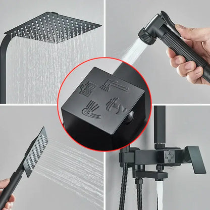 Modern matte black shower faucet set with square rainhead, handheld spray nozzle, and engraved control valve icons