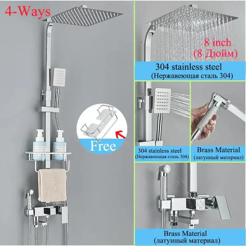 Modern matte black shower faucet set featuring a shiny chrome 8-inch rainfall showerhead with handheld spray and faucet assembly