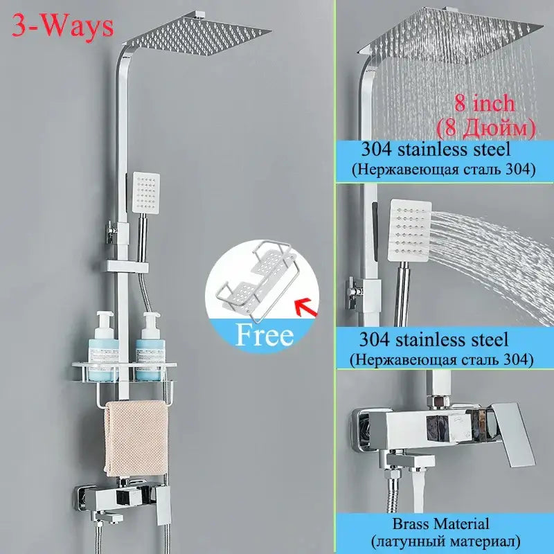 Modern matte black shower faucet set with silver-toned 3-way system, square rainhead, handheld spray, and shelf for toiletries