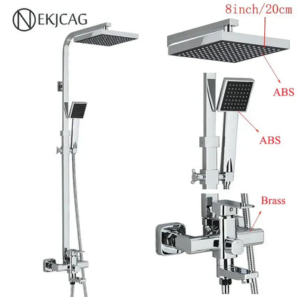 Modern matte black shower faucet set with chrome-finished ekjcag shower faucet featuring square rainhead and handheld spray