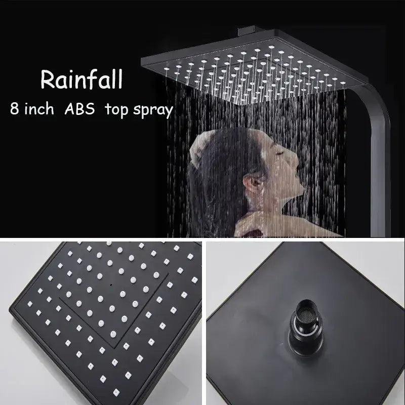 Modern matte black shower faucet set with 8-inch abs top spray black square rainfall showerhead and waterfall bathtub tap