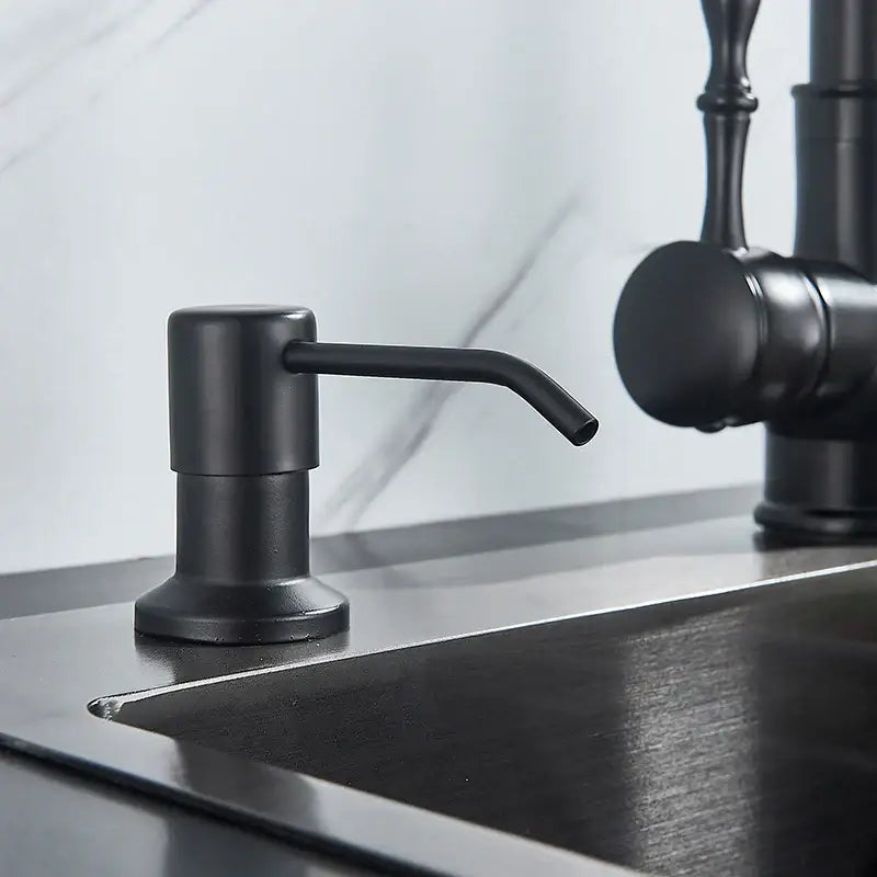 Modern matte black soap dispenser with stainless steel head and sleek design for kitchen use