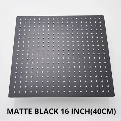 Modern matte black 16-inch square rainfall shower head with a grid of rounded white nozzles for bathroom fixture