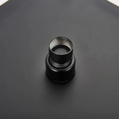 Modern matte black square rainfall shower head with black faucet aerator featuring metallic mesh screen and threaded interior