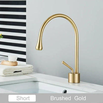 Brushed gold short basin faucet with sleek curved spout and minimalist design ideal for decorbites gold tall basin setups